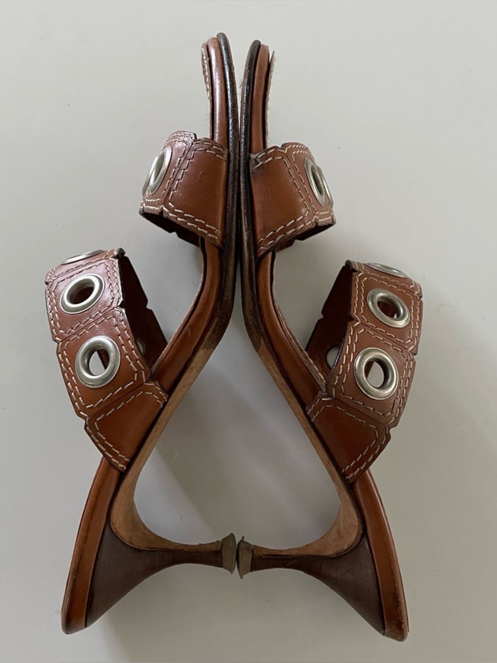 Celine Tan Leather Kitten Heel Sandals with Silver Circle Grommets Size 37.5 - Picture 3 of 7